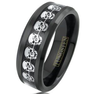 AWESOME BLACK TUNGSTEN RING WITH A COOL SILVER SKULL INLAY AROUND THE BAND